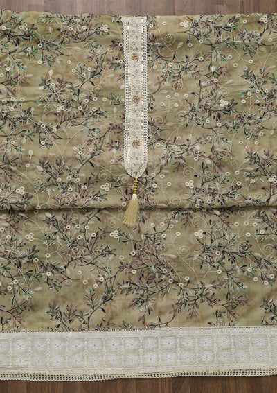 Pista Green Threadwork Chiffon Unstitched Salwar Suit-Koskii