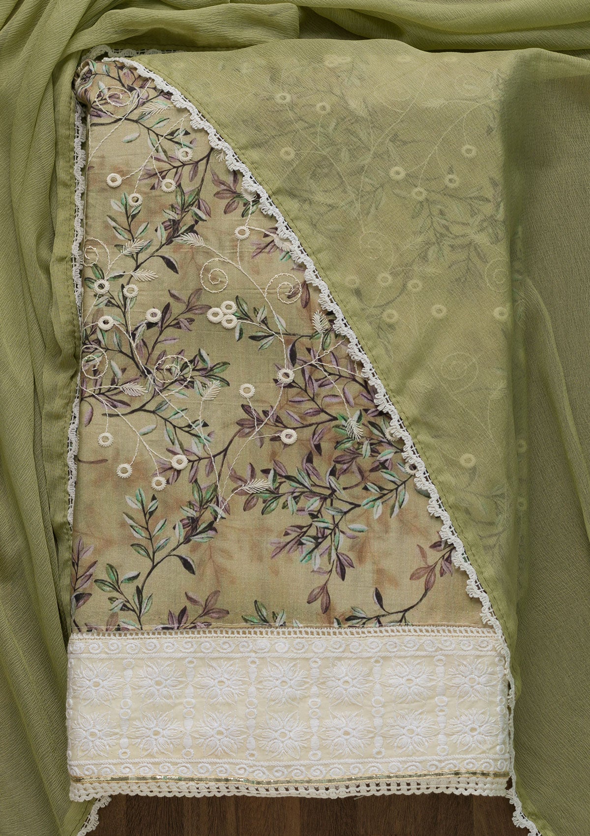 Pista Green Threadwork Chiffon Unstitched Salwar Suit-Koskii