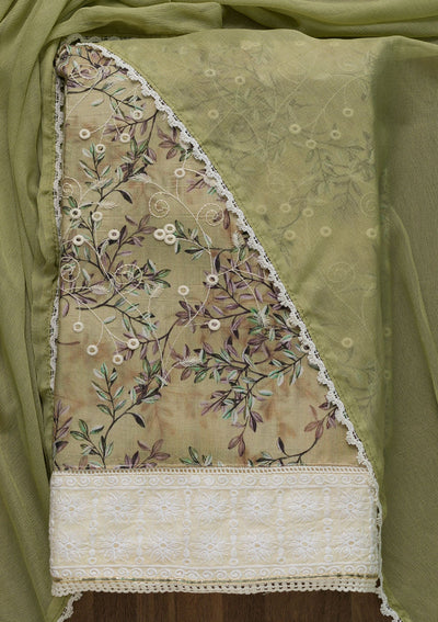 Pista Green Threadwork Chiffon Unstitched Salwar Suit-Koskii