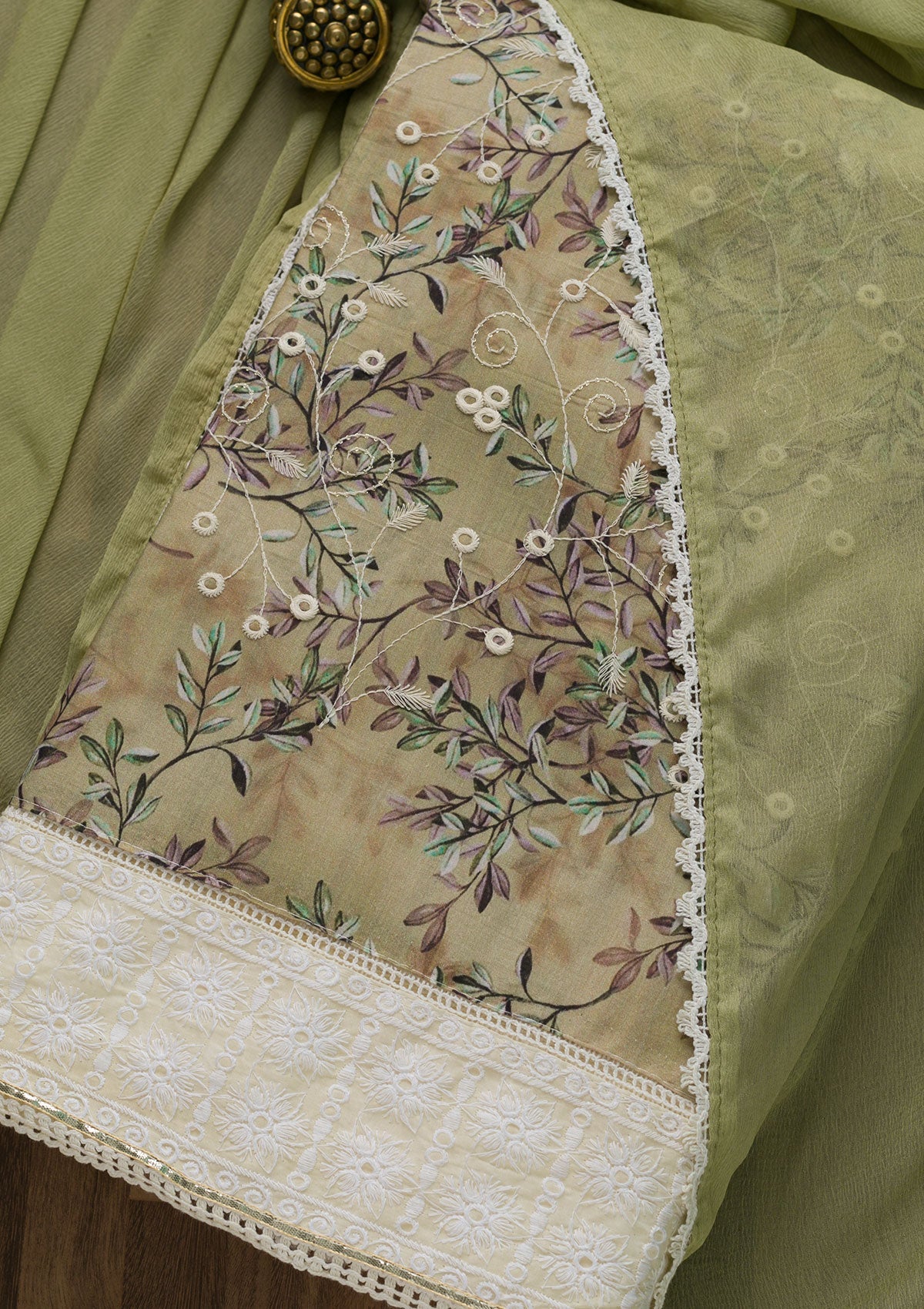Pista Green Threadwork Chiffon Unstitched Salwar Suit-Koskii