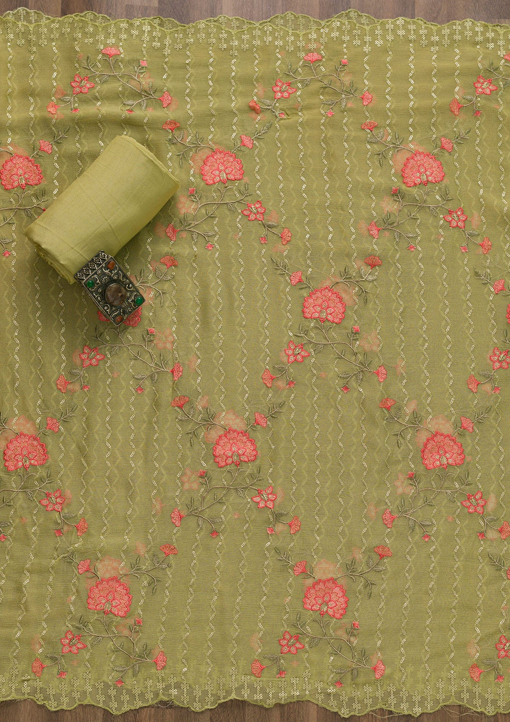 Pista Green Threadwork Chiffon Unstitched Salwar Kameez-Koskii