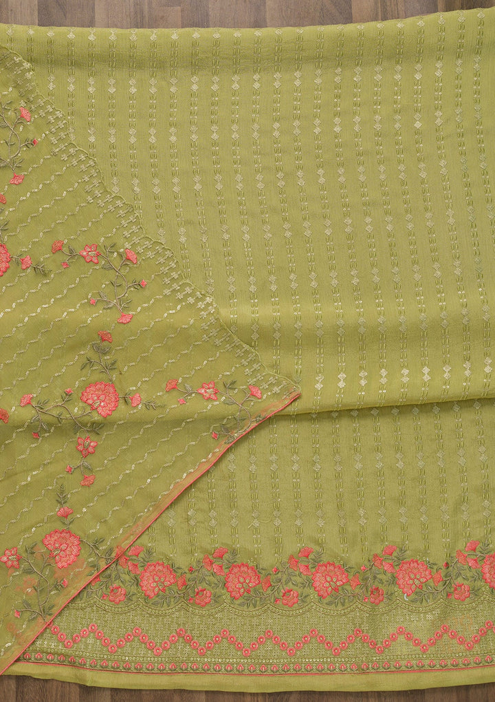 Pista Green Threadwork Chiffon Unstitched Salwar Kameez-Koskii