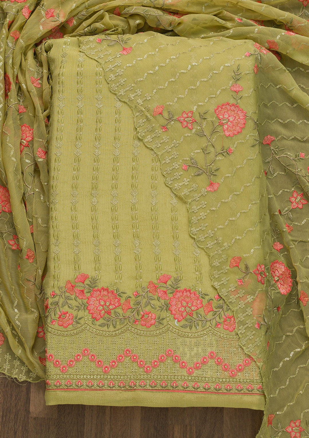 Pista Green Threadwork Chiffon Unstitched Salwar Kameez-Koskii