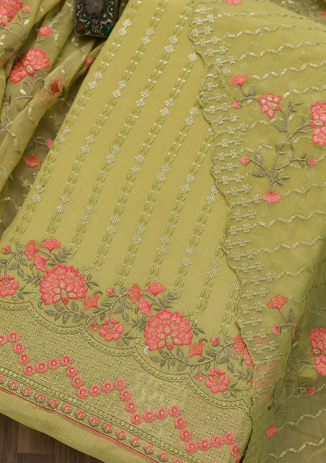 Pista Green Threadwork Chiffon Unstitched Salwar Kameez-Koskii