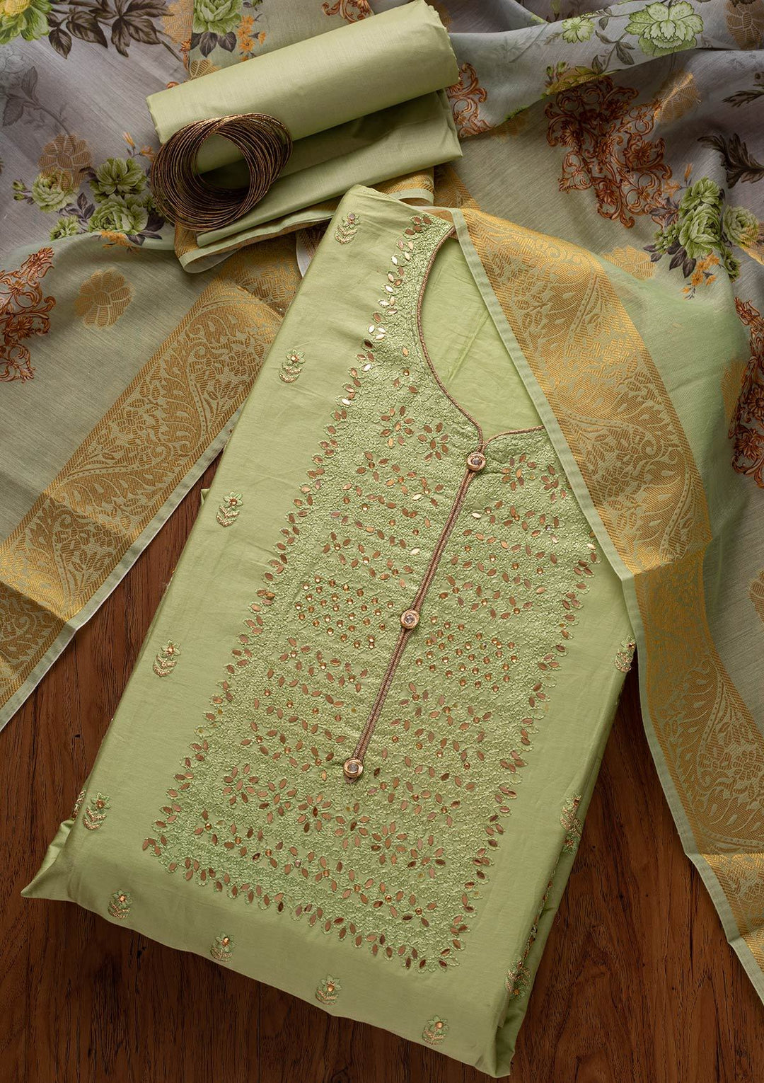 Pista Green Threadwork Cotton Designer Unstitched Salwar Suit - koskii