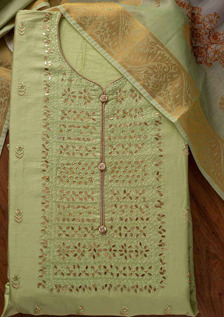Pista Green Threadwork Cotton Designer Unstitched Salwar Suit - koskii