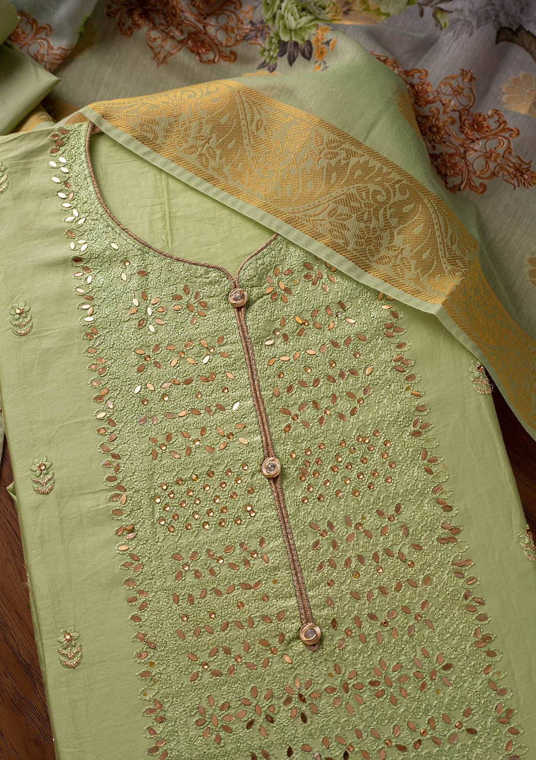 Pista Green Threadwork Cotton Designer Unstitched Salwar Suit - koskii