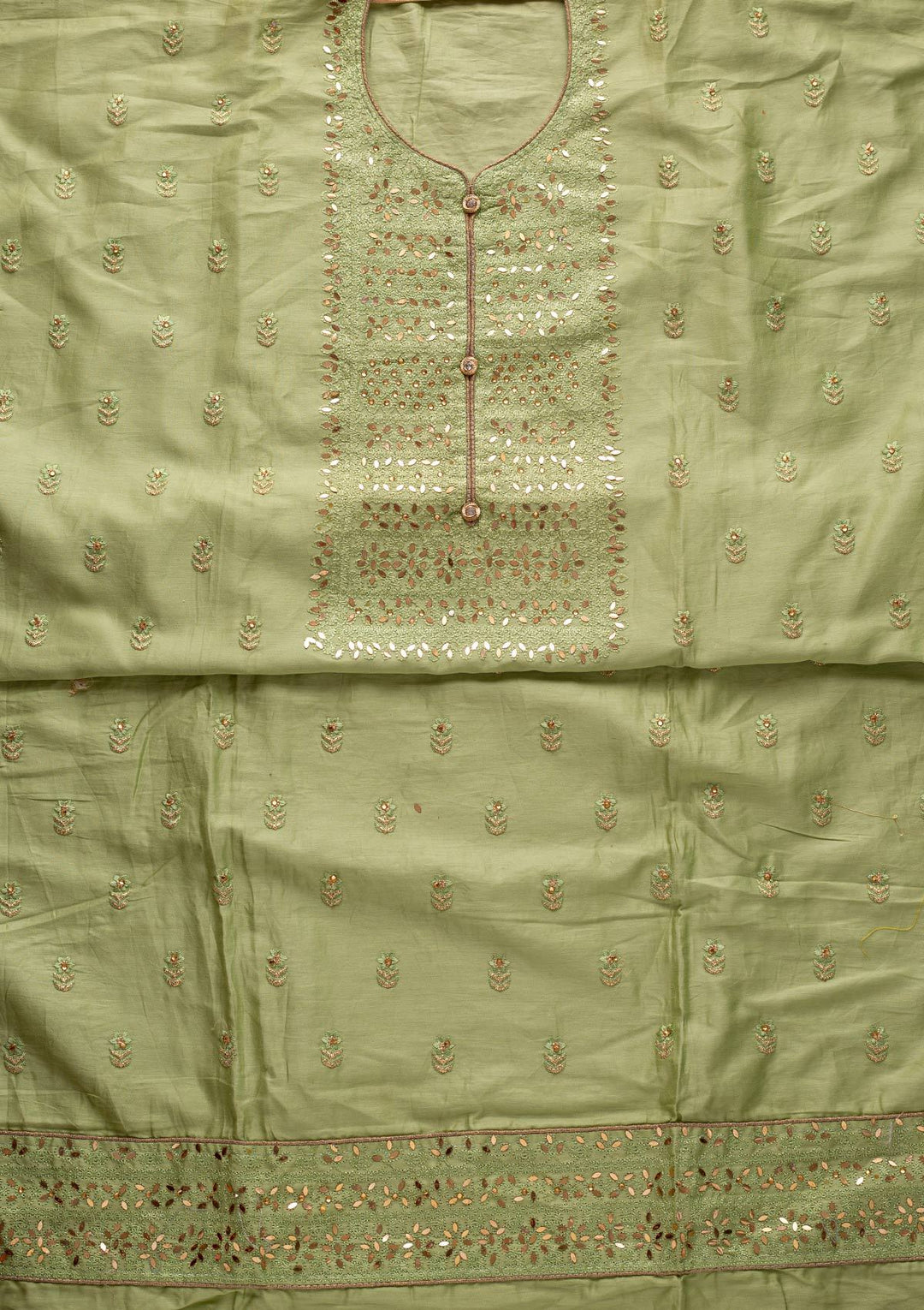 Pista Green Threadwork Cotton Designer Unstitched Salwar Suit - koskii