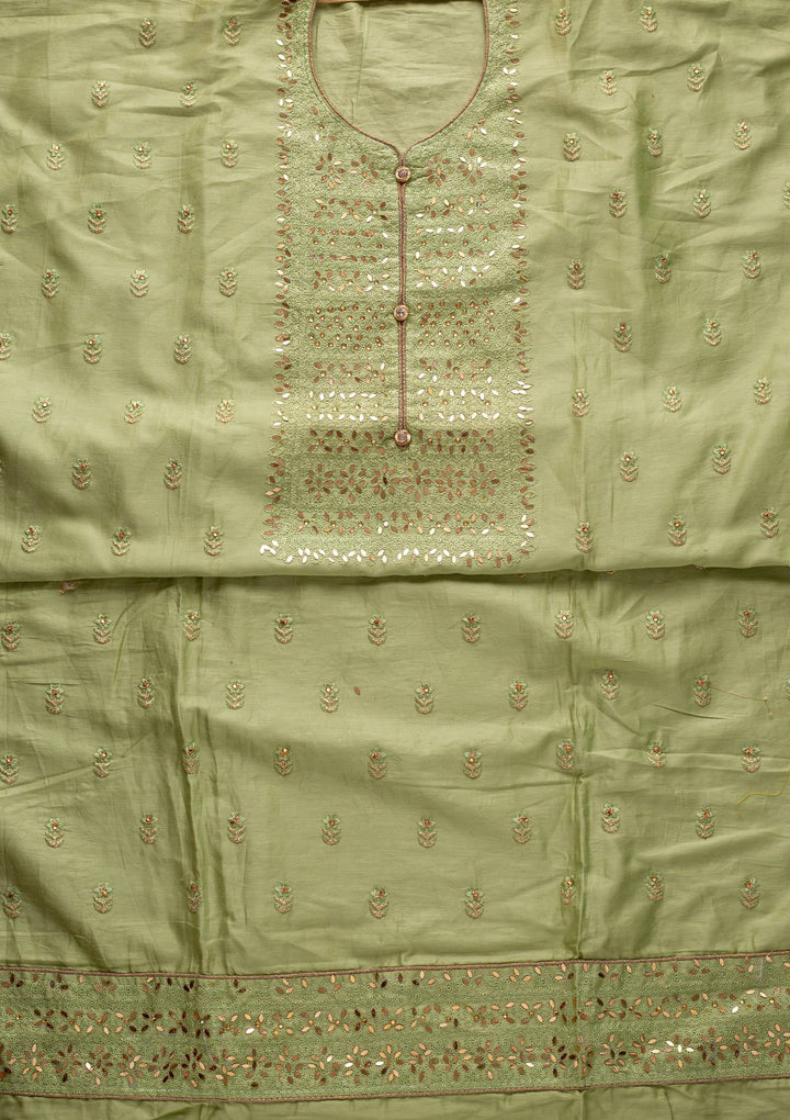 Pista Green Threadwork Cotton Designer Unstitched Salwar Suit - koskii