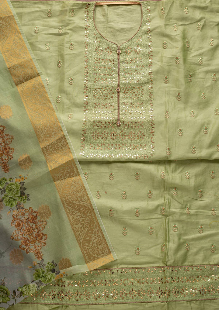 Pista Green Threadwork Cotton Designer Unstitched Salwar Suit - koskii
