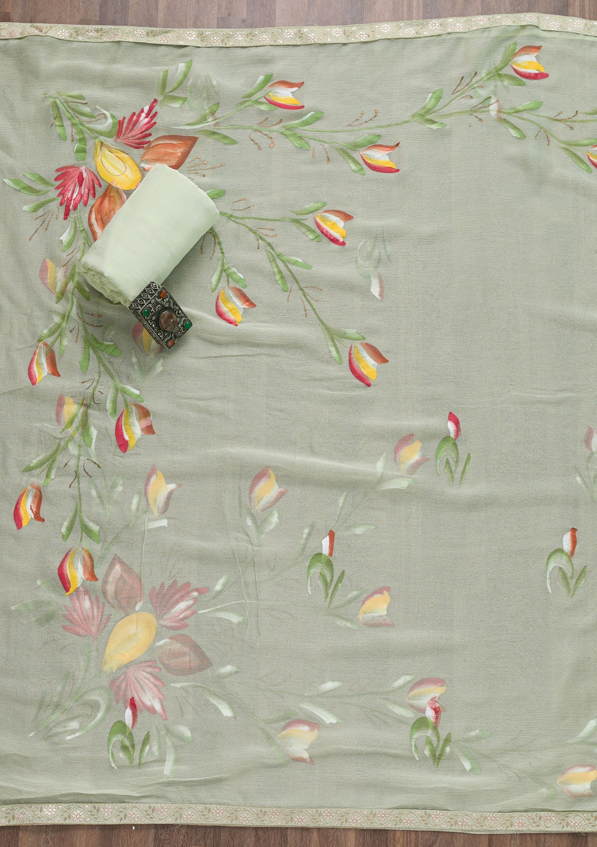 Pista Green Threadwork Cotton Unstitched Salwar Suit-Koskii
