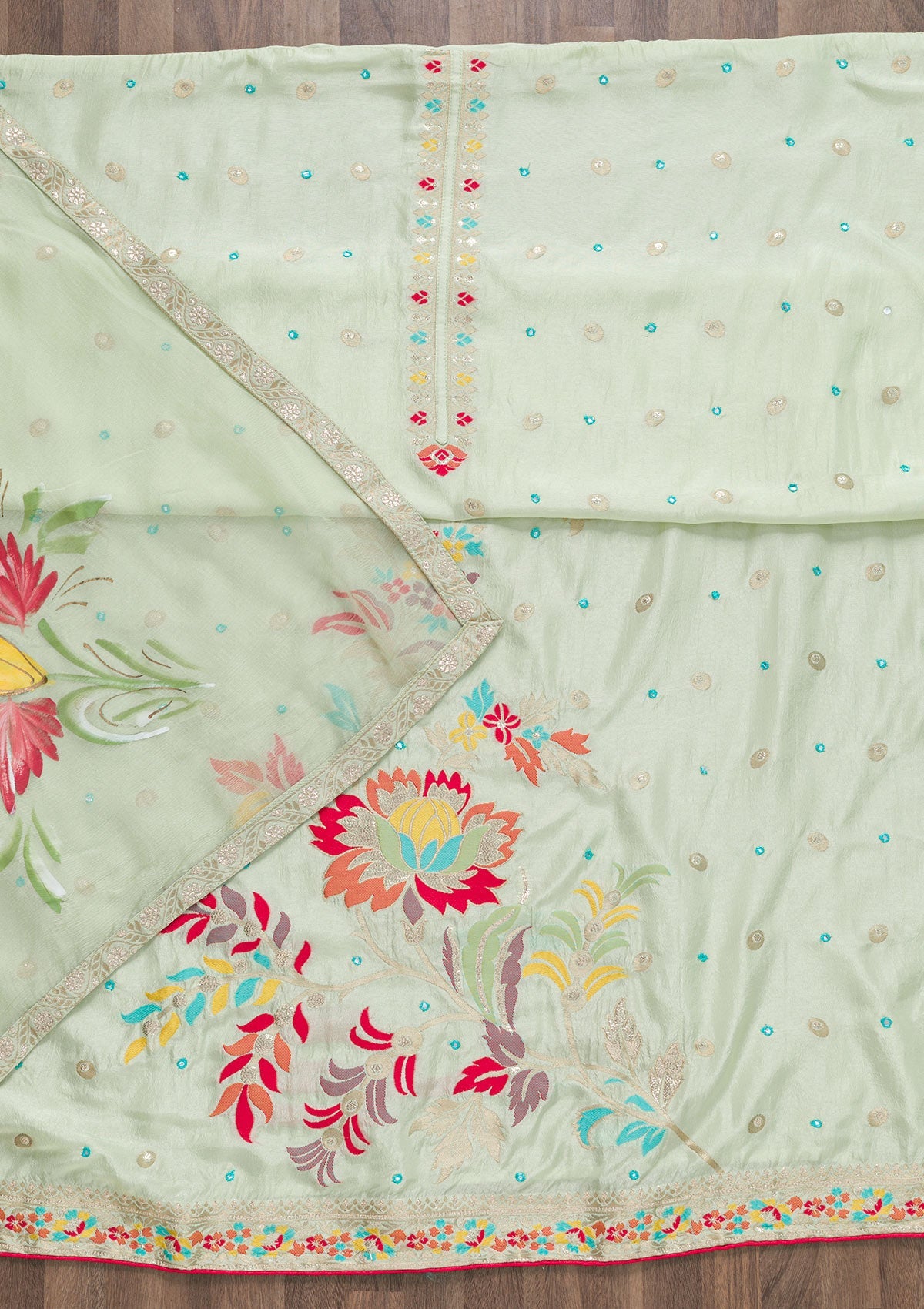 Pista Green Threadwork Cotton Unstitched Salwar Suit-Koskii