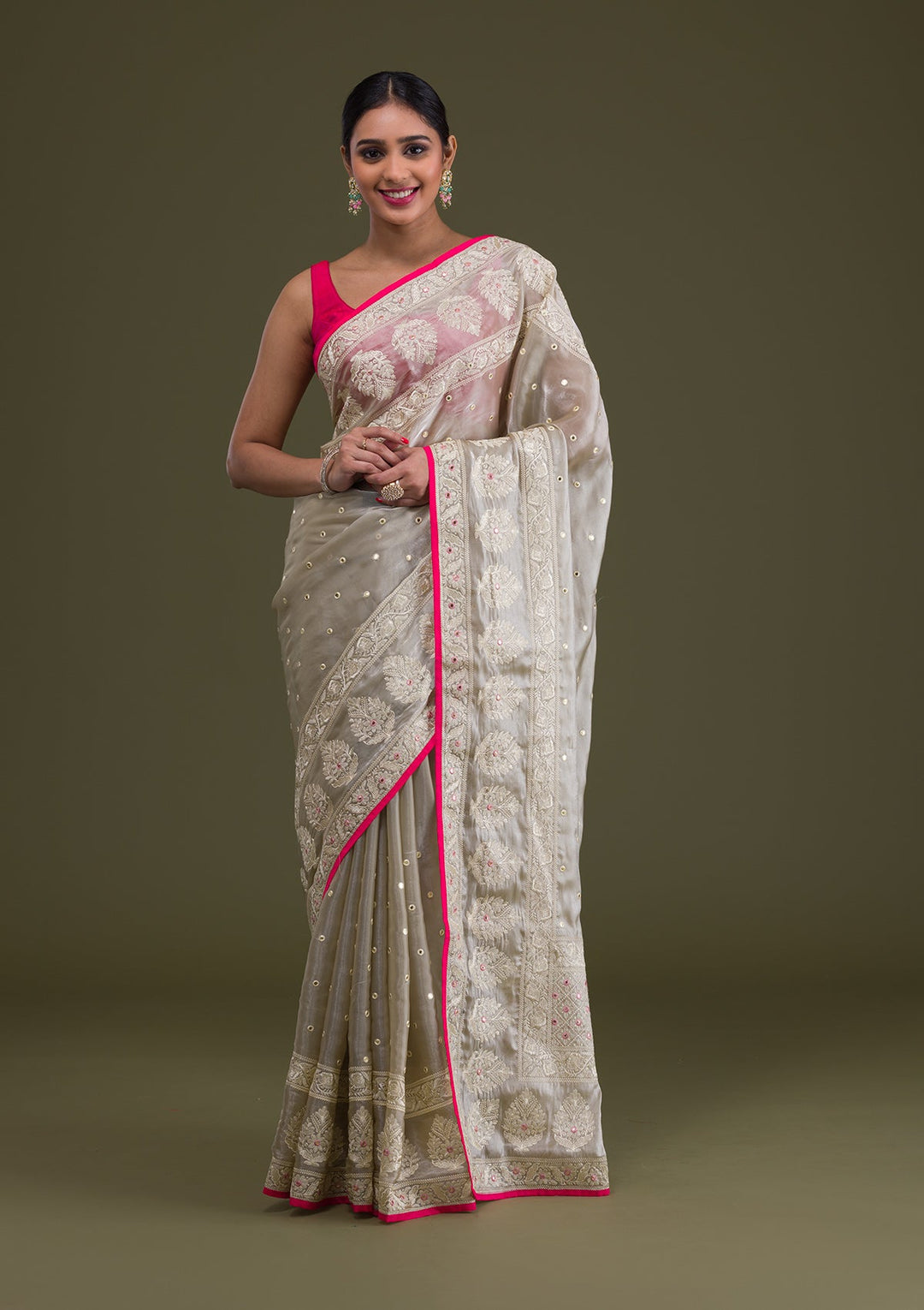 Pista Green Threadwork Organza Saree-Koskii