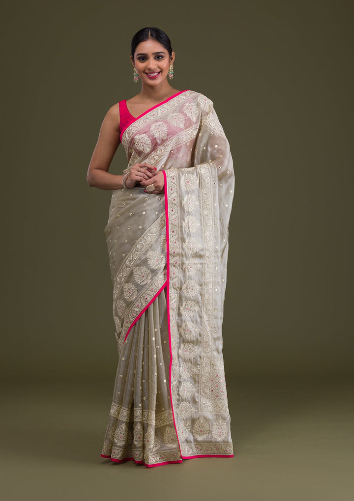 Pista Green Threadwork Organza Saree-Koskii