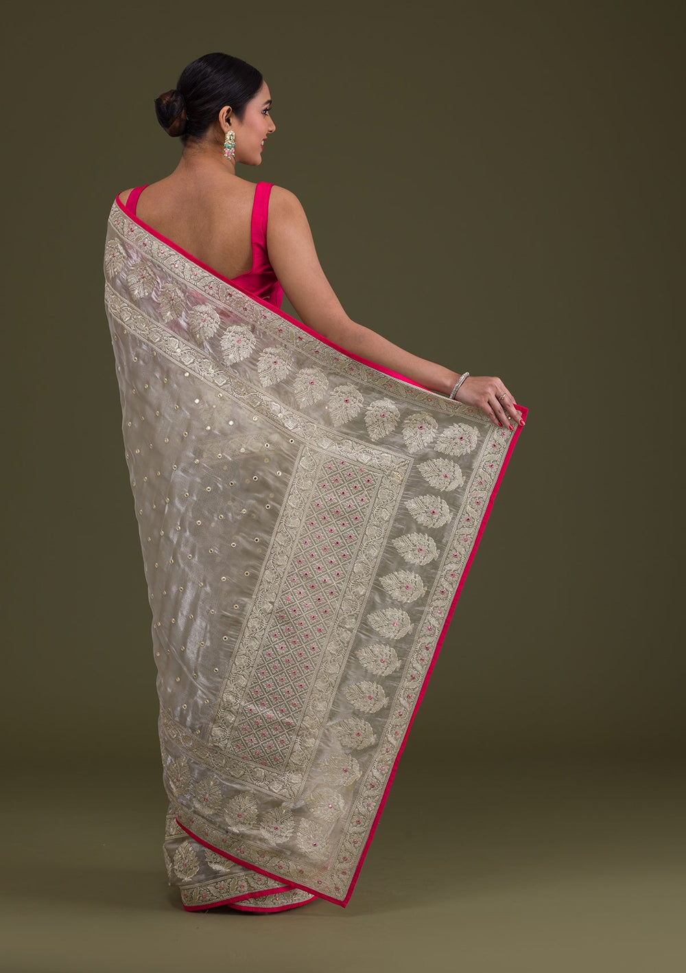 Pista Green Threadwork Organza Saree-Koskii