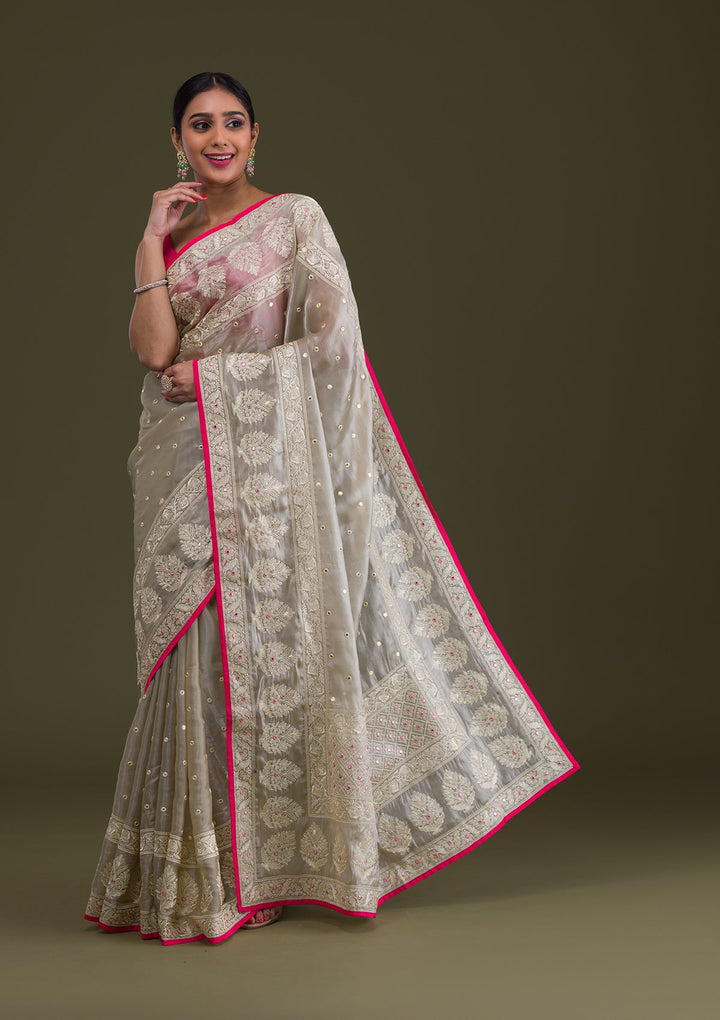 Pista Green Threadwork Organza Saree-Koskii