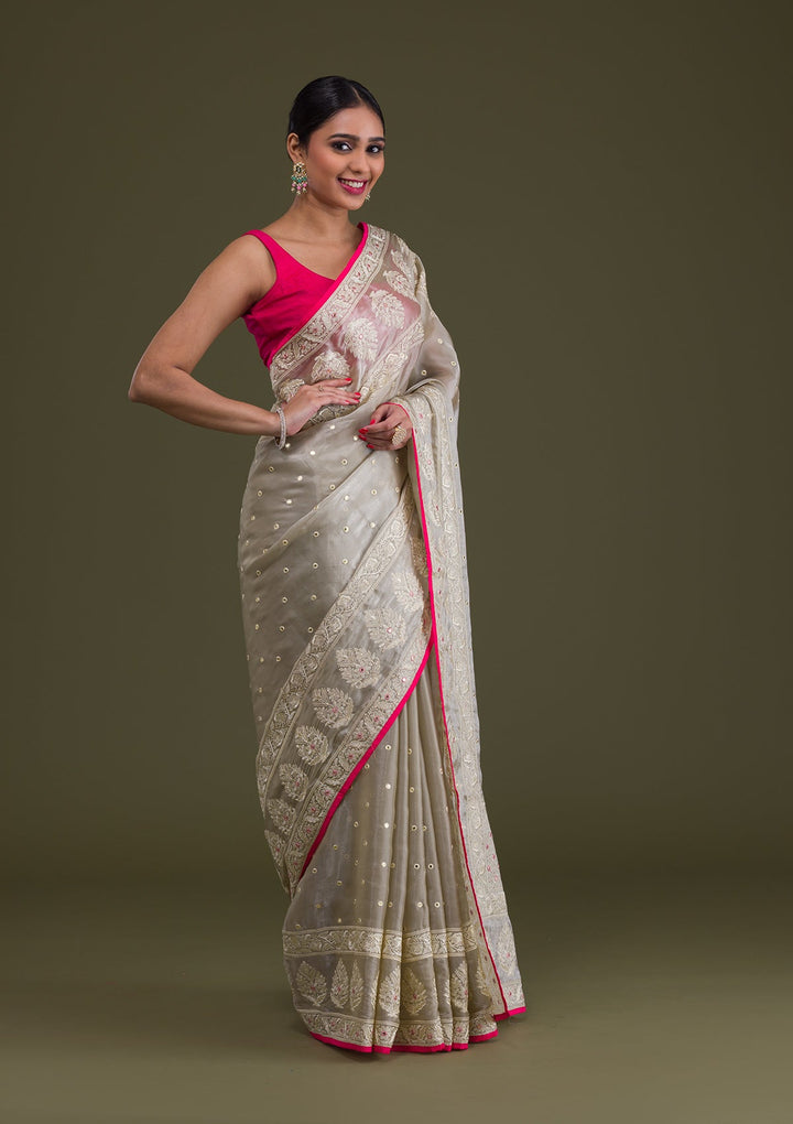 Pista Green Threadwork Organza Saree-Koskii