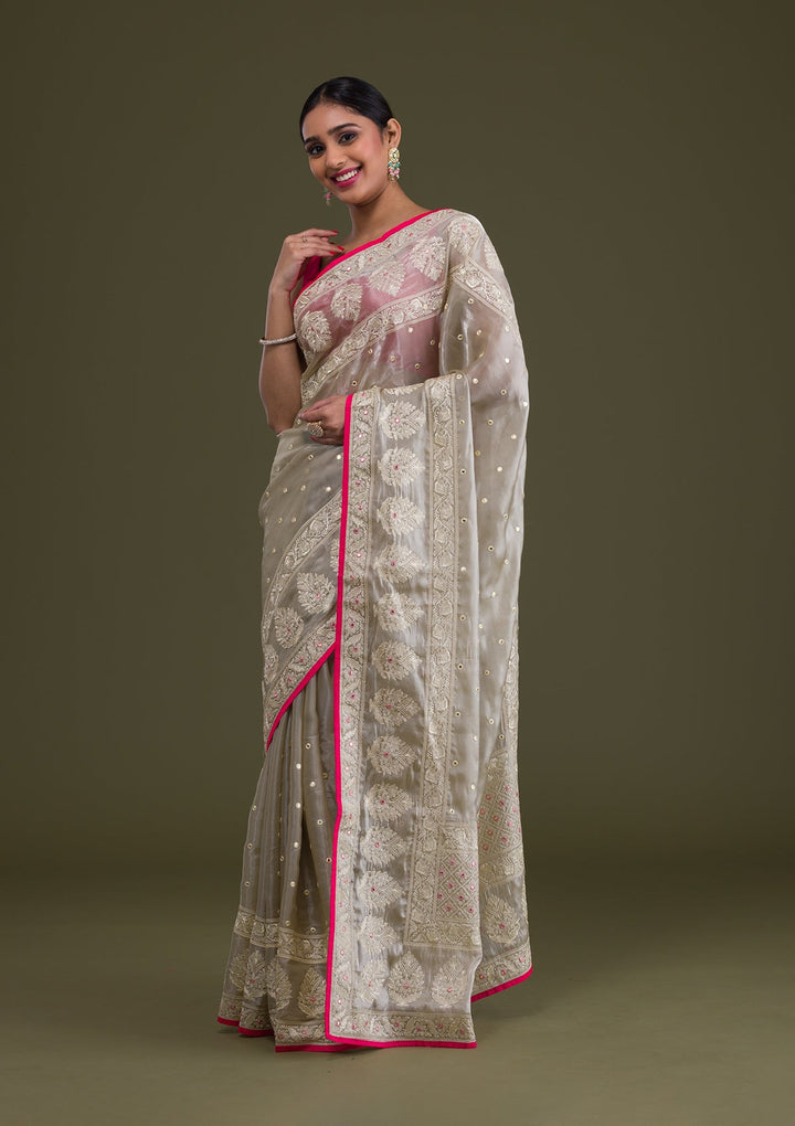 Pista Green Threadwork Organza Saree-Koskii
