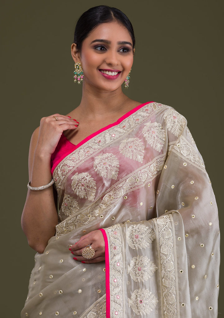 Pista Green Threadwork Organza Saree-Koskii