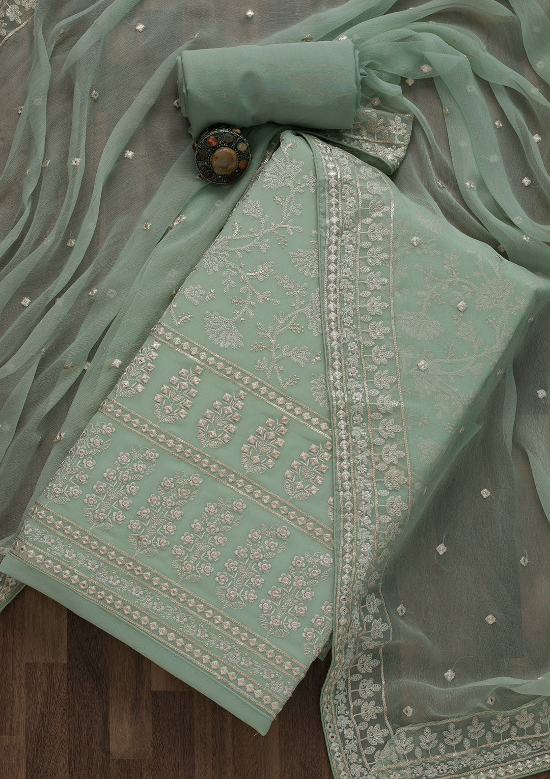 Pista Green Threadwork Georgette Unstitched Salwar Suit-Koskii