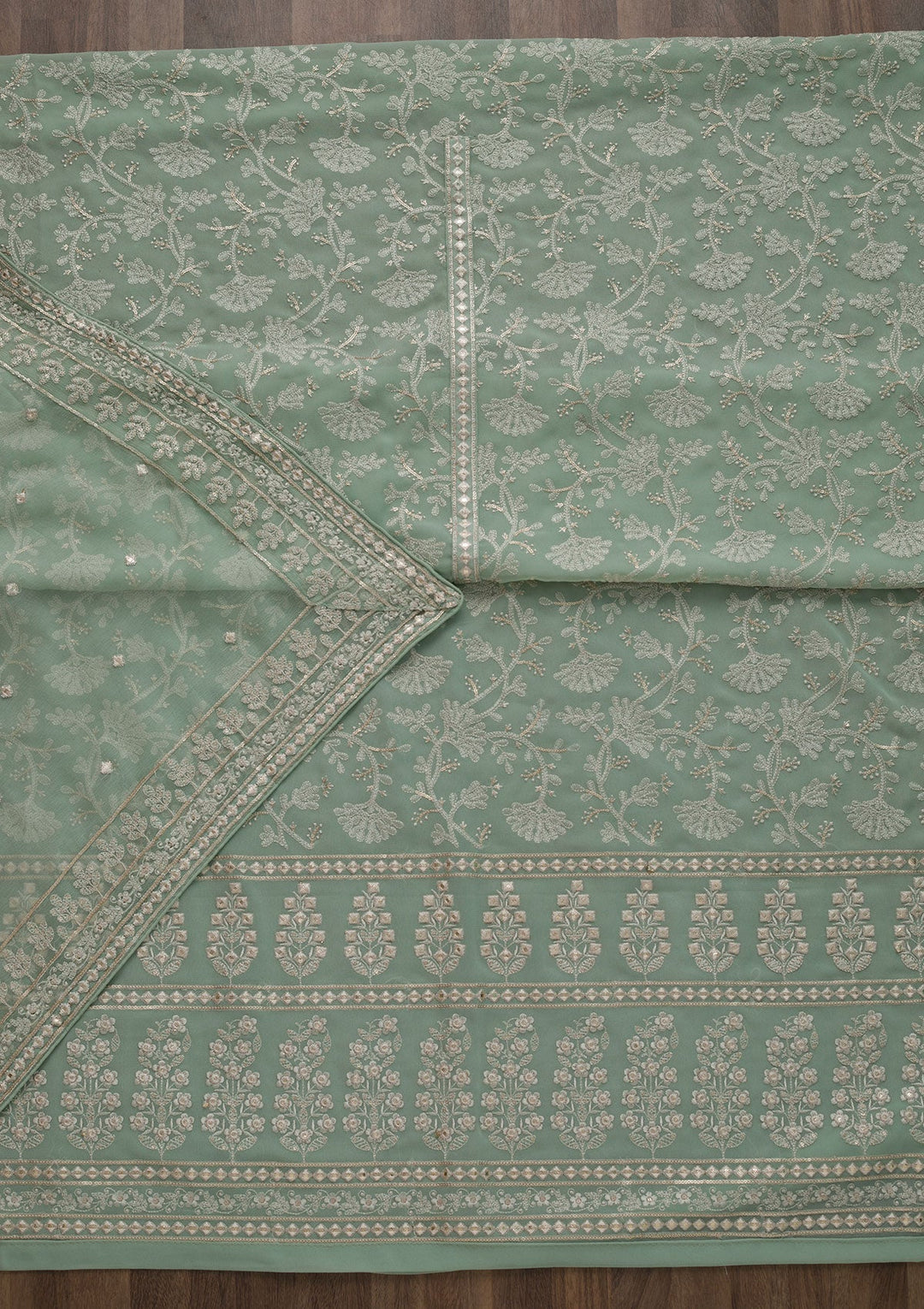 Pista Green Threadwork Georgette Unstitched Salwar Suit-Koskii