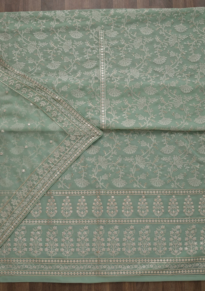 Pista Green Threadwork Georgette Unstitched Salwar Suit-Koskii