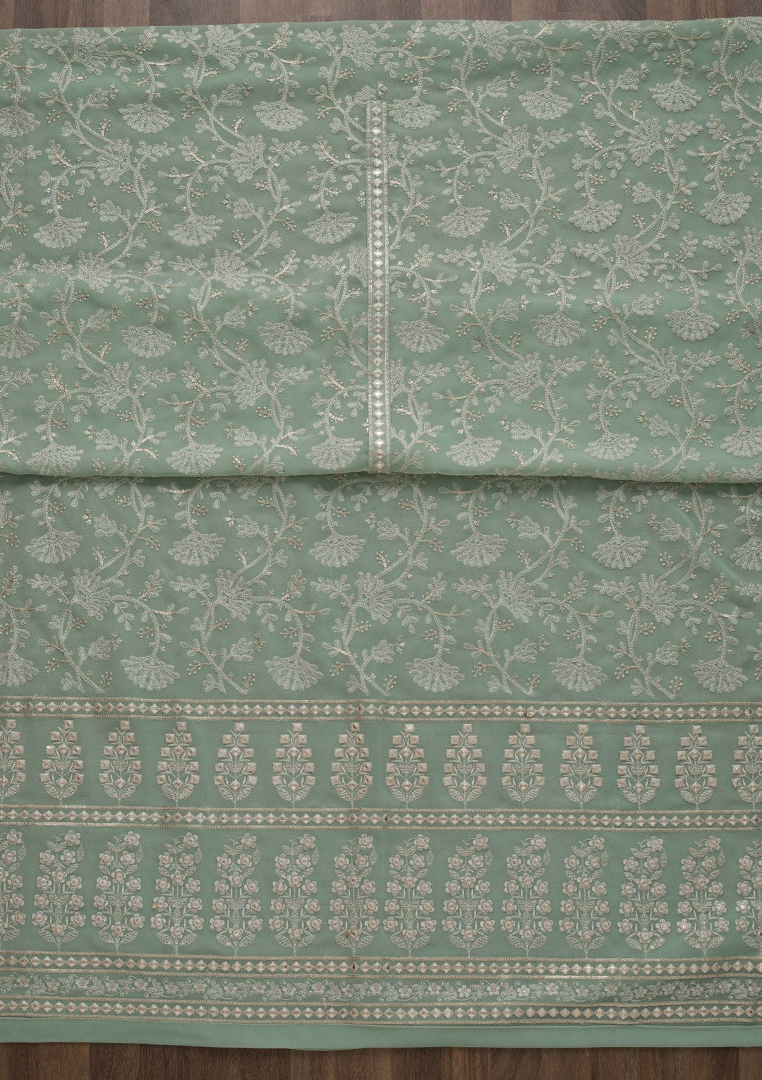 Pista Green Threadwork Georgette Unstitched Salwar Suit-Koskii
