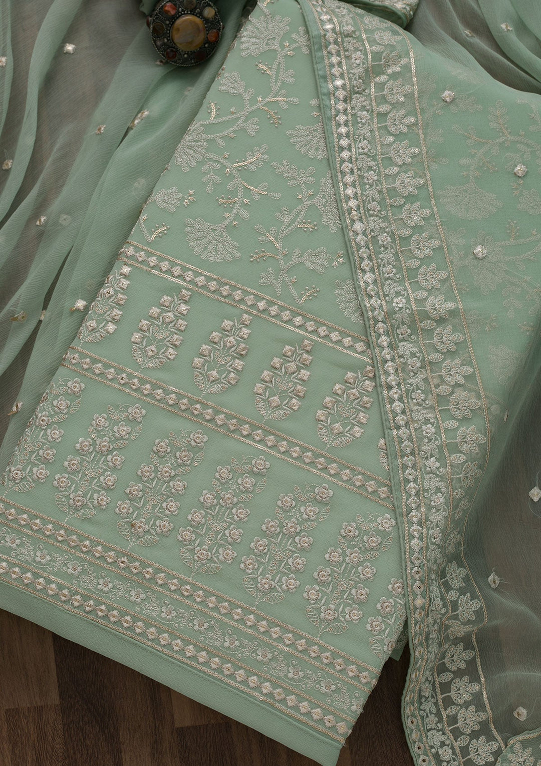 Pista Green Threadwork Georgette Unstitched Salwar Suit-Koskii
