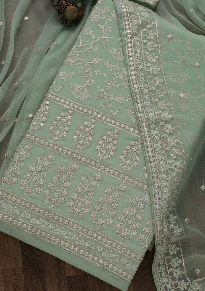 Pista Green Threadwork Georgette Unstitched Salwar Suit-Koskii