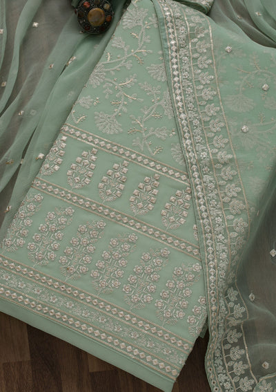 Pista Green Threadwork Georgette Unstitched Salwar Suit-Koskii