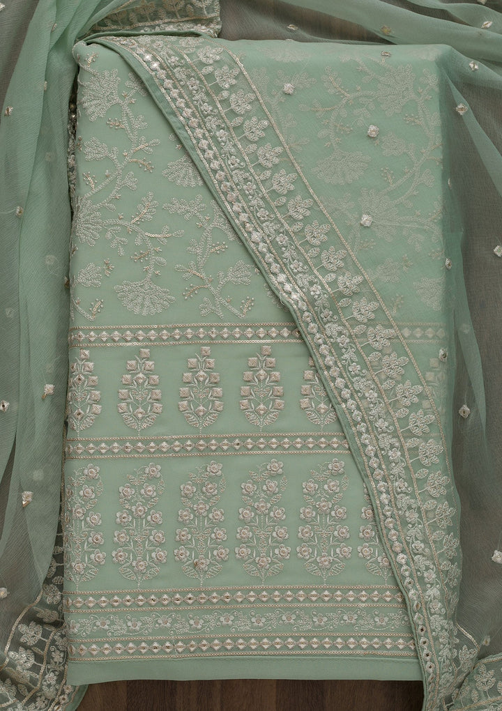 Pista Green Threadwork Georgette Unstitched Salwar Suit-Koskii