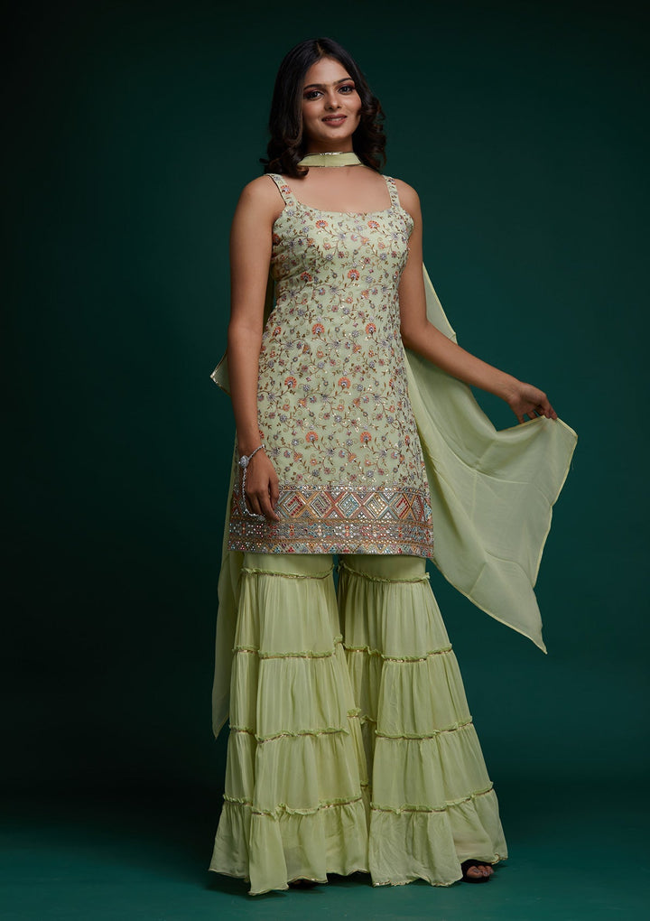 Pista Green Threadwork Georgette Designer Salwar Suit - Koskii