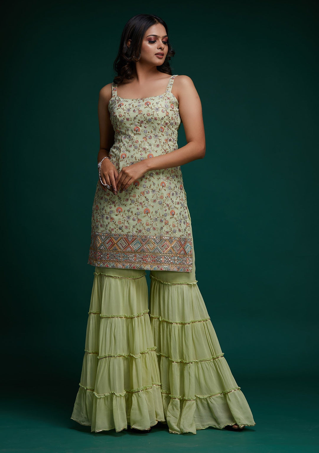 Pista Green Threadwork Georgette Designer Salwar Suit - Koskii