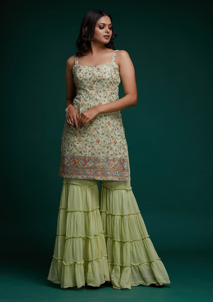 Pista Green Threadwork Georgette Designer Salwar Suit - Koskii