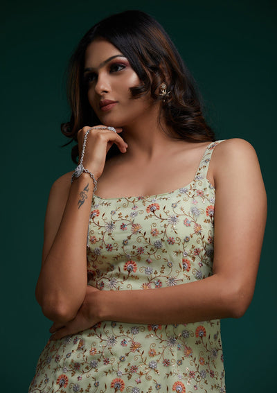 Pista Green Threadwork Georgette Designer Salwar Suit - Koskii