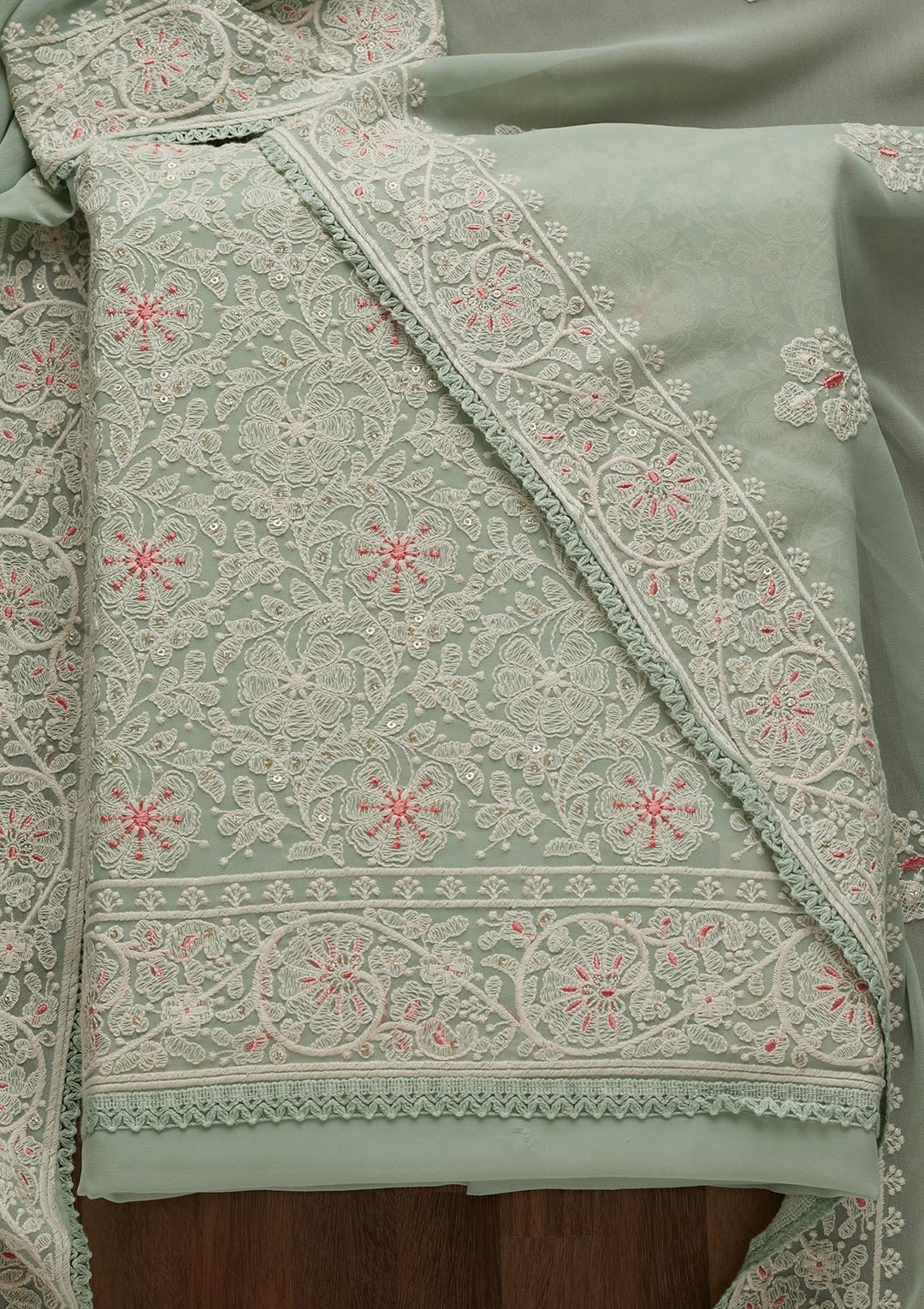 Pista Green Threadwork Georgette Semi-Stitched Salwar Suit - Koskii