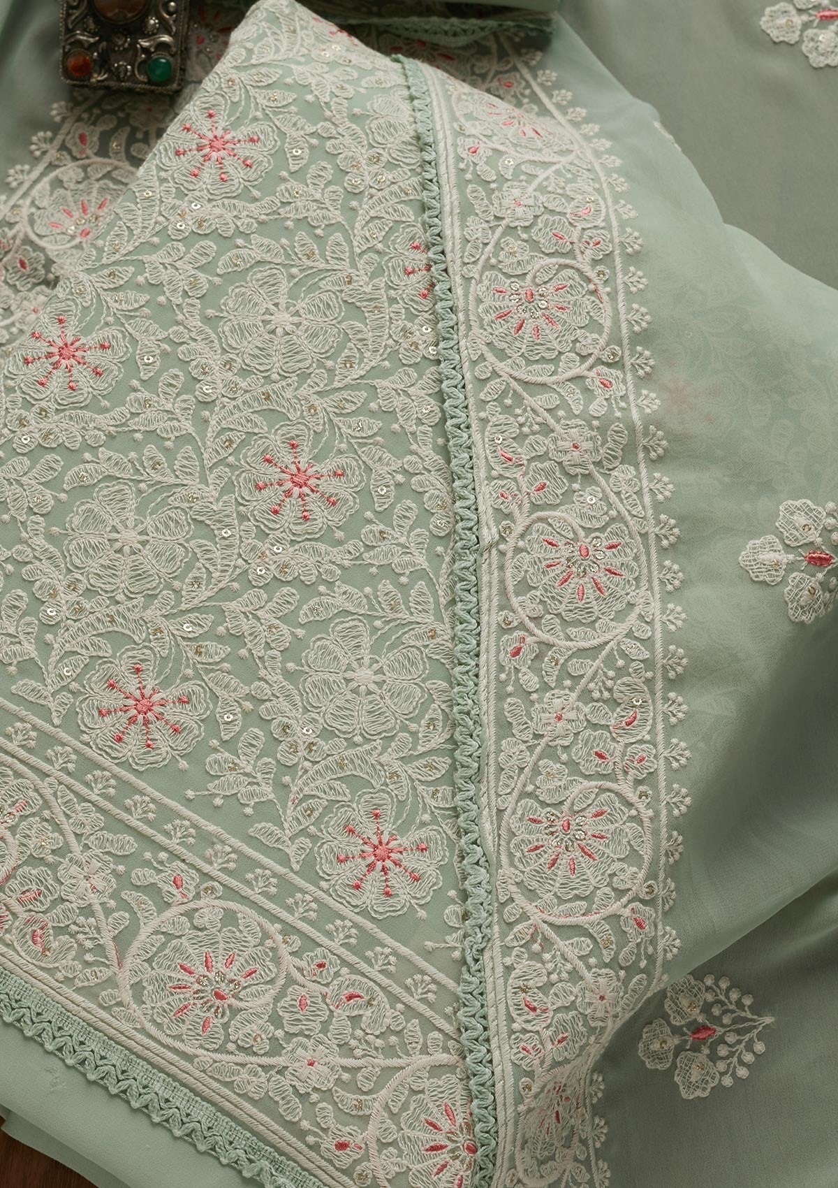 Pista Green Threadwork Georgette Semi-Stitched Salwar Suit - Koskii
