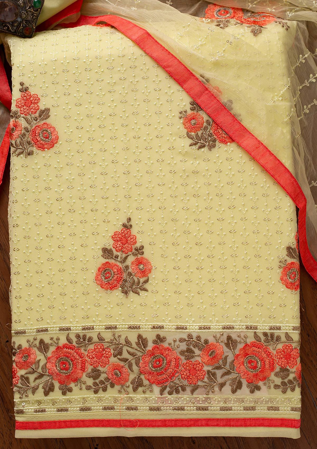 Pista Green Threadwork Georgette Designer Unstitched Salwar Suit - koskii