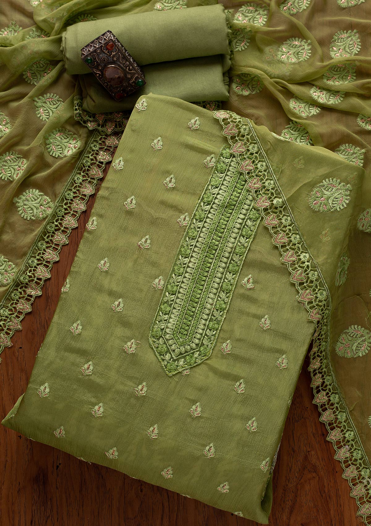 Pista Green Threadwork Georgette Designer Unstitched Salwar Suit - koskii