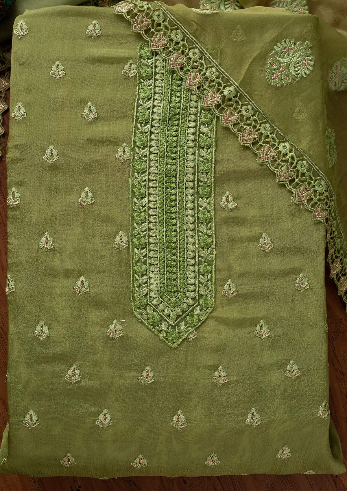 Pista Green Threadwork Georgette Designer Unstitched Salwar Suit - koskii