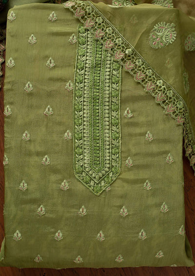 Pista Green Threadwork Georgette Designer Unstitched Salwar Suit - koskii