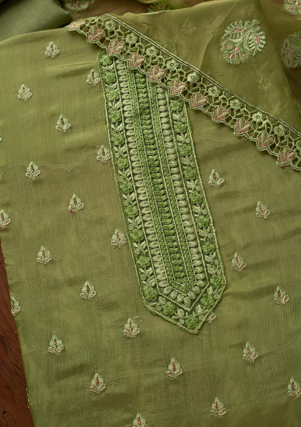 Pista Green Threadwork Georgette Designer Unstitched Salwar Suit - koskii