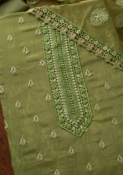Pista Green Threadwork Georgette Designer Unstitched Salwar Suit - koskii
