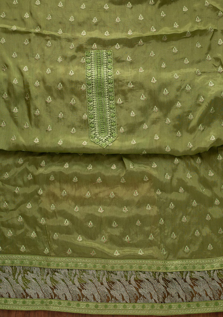 Pista Green Threadwork Georgette Designer Unstitched Salwar Suit - koskii