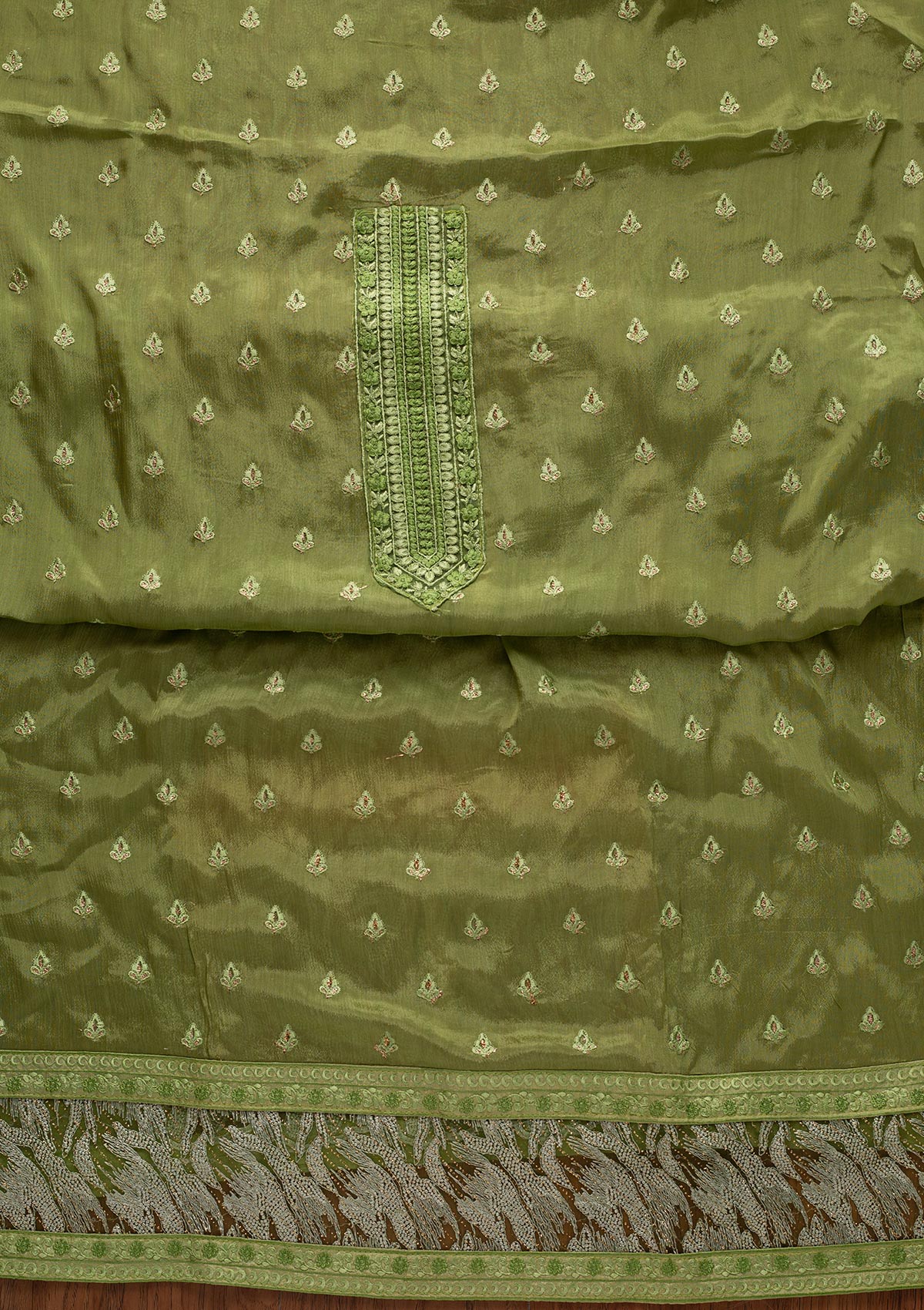Pista Green Threadwork Georgette Designer Unstitched Salwar Suit - koskii