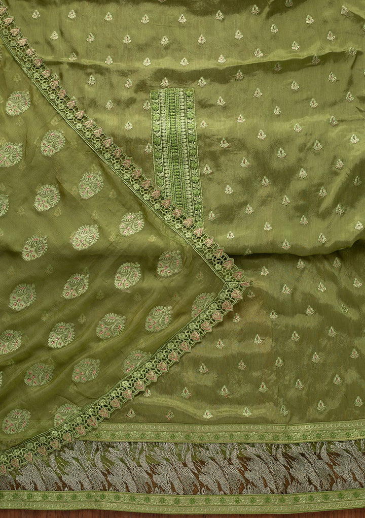 Pista Green Threadwork Georgette Designer Unstitched Salwar Suit - koskii