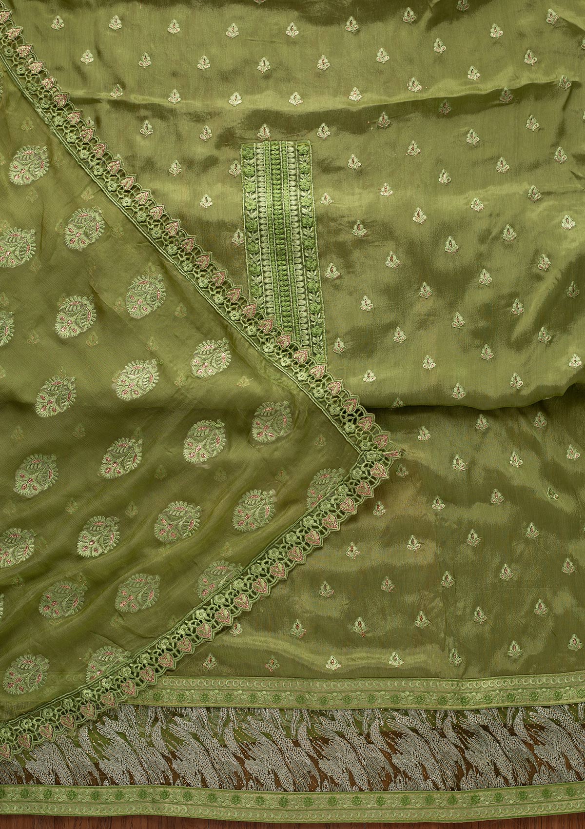 Pista Green Threadwork Georgette Designer Unstitched Salwar Suit - koskii