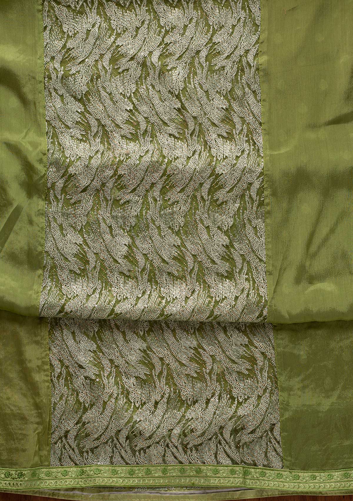 Pista Green Threadwork Georgette Designer Unstitched Salwar Suit - koskii