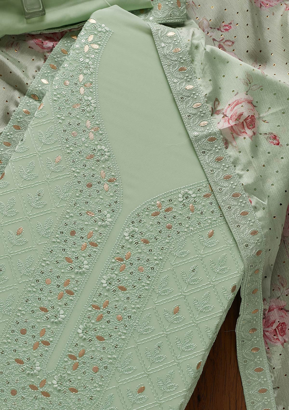 Pista Green Threadwork Georgette Designer Unstitched Salwar Suit - koskii