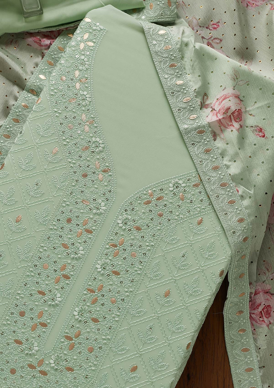 Pista Green Threadwork Georgette Designer Unstitched Salwar Suit - koskii